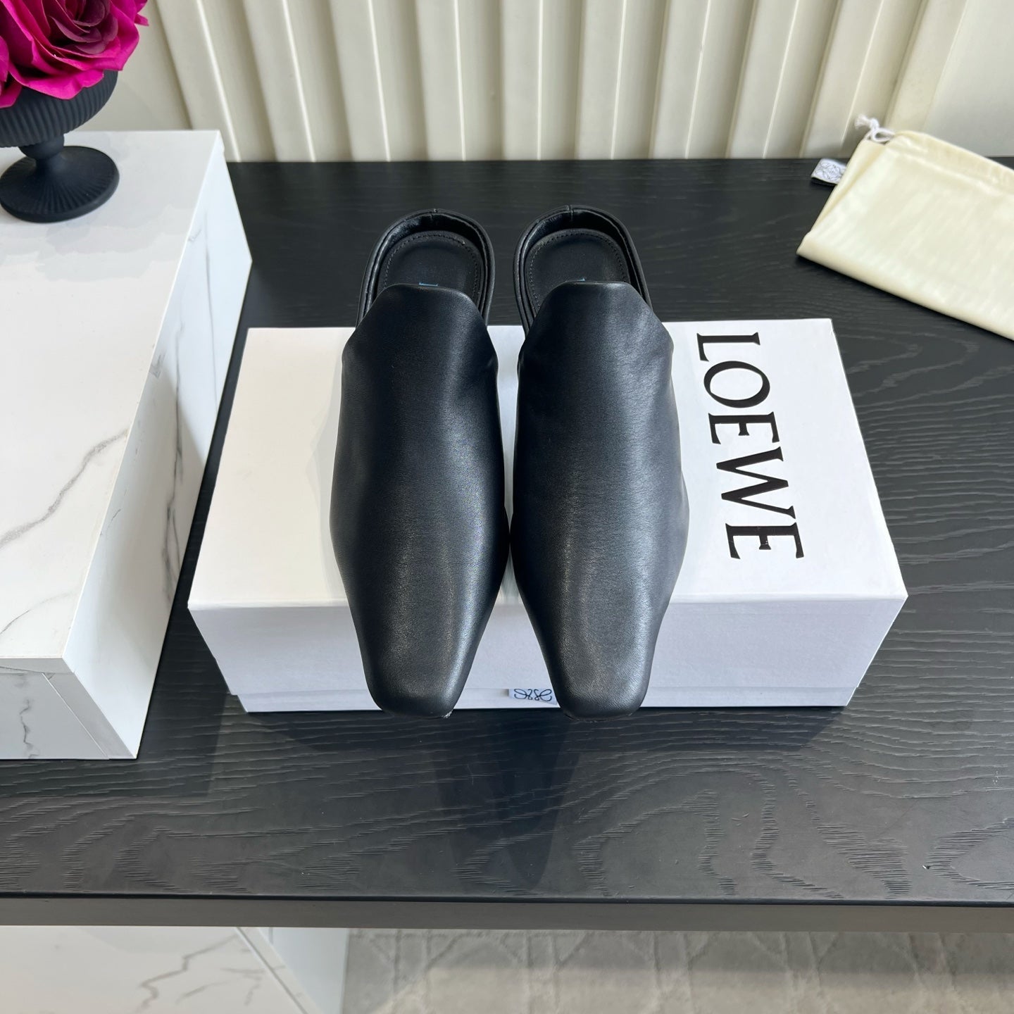 LOEWE 26S HEELED MULES IN BLACK CALFSKIN
