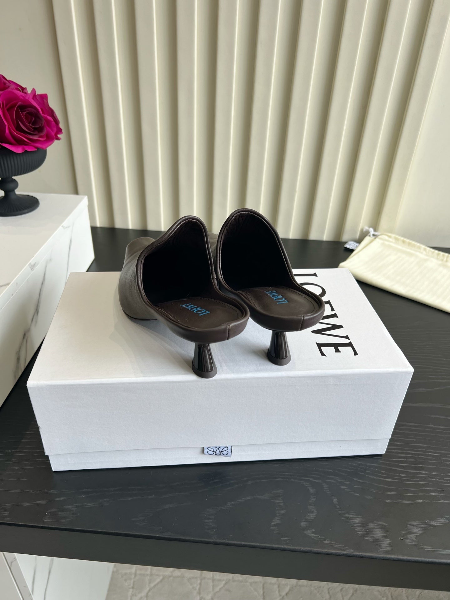 LOEWE 26S HEELED MULES IN DARK BLOWN CALFSKIN