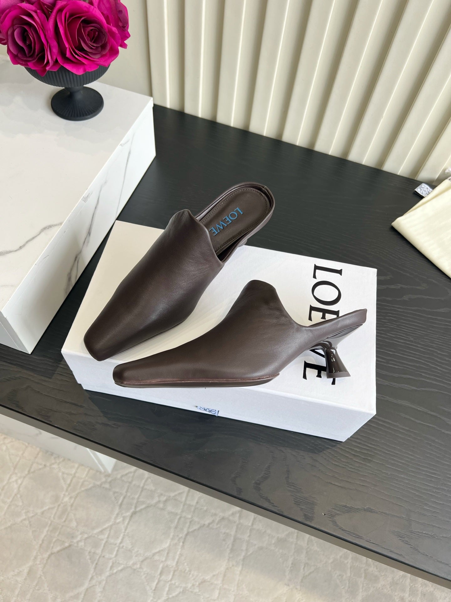 LOEWE 26S HEELED MULES IN DARK BLOWN CALFSKIN