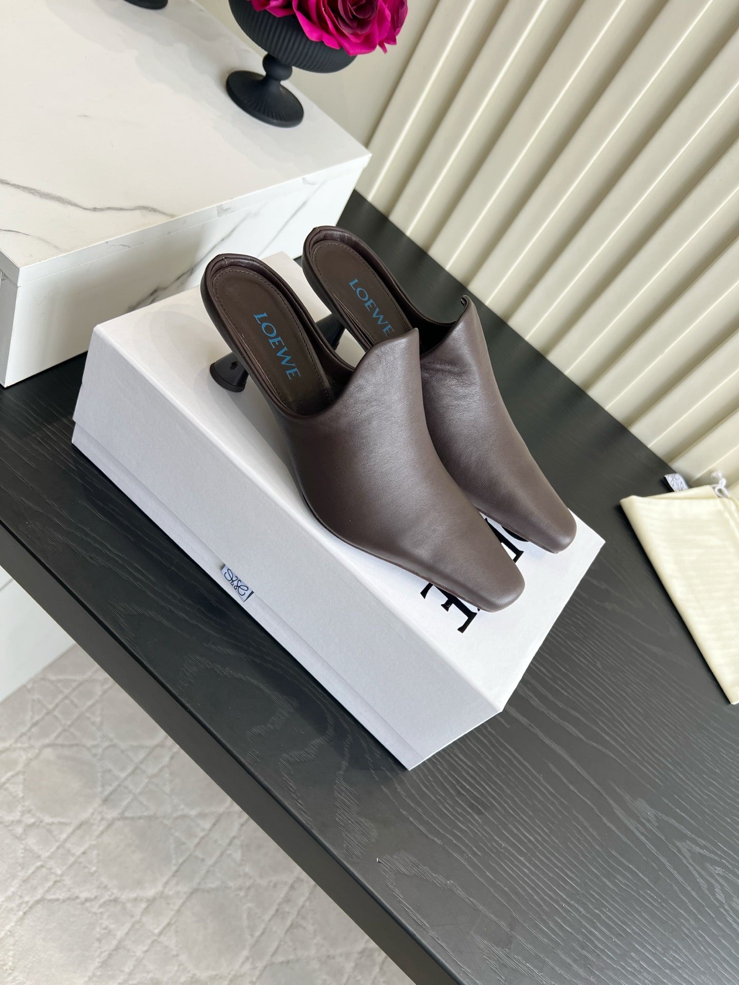LOEWE 26S HEELED MULES IN DARK BLOWN CALFSKIN