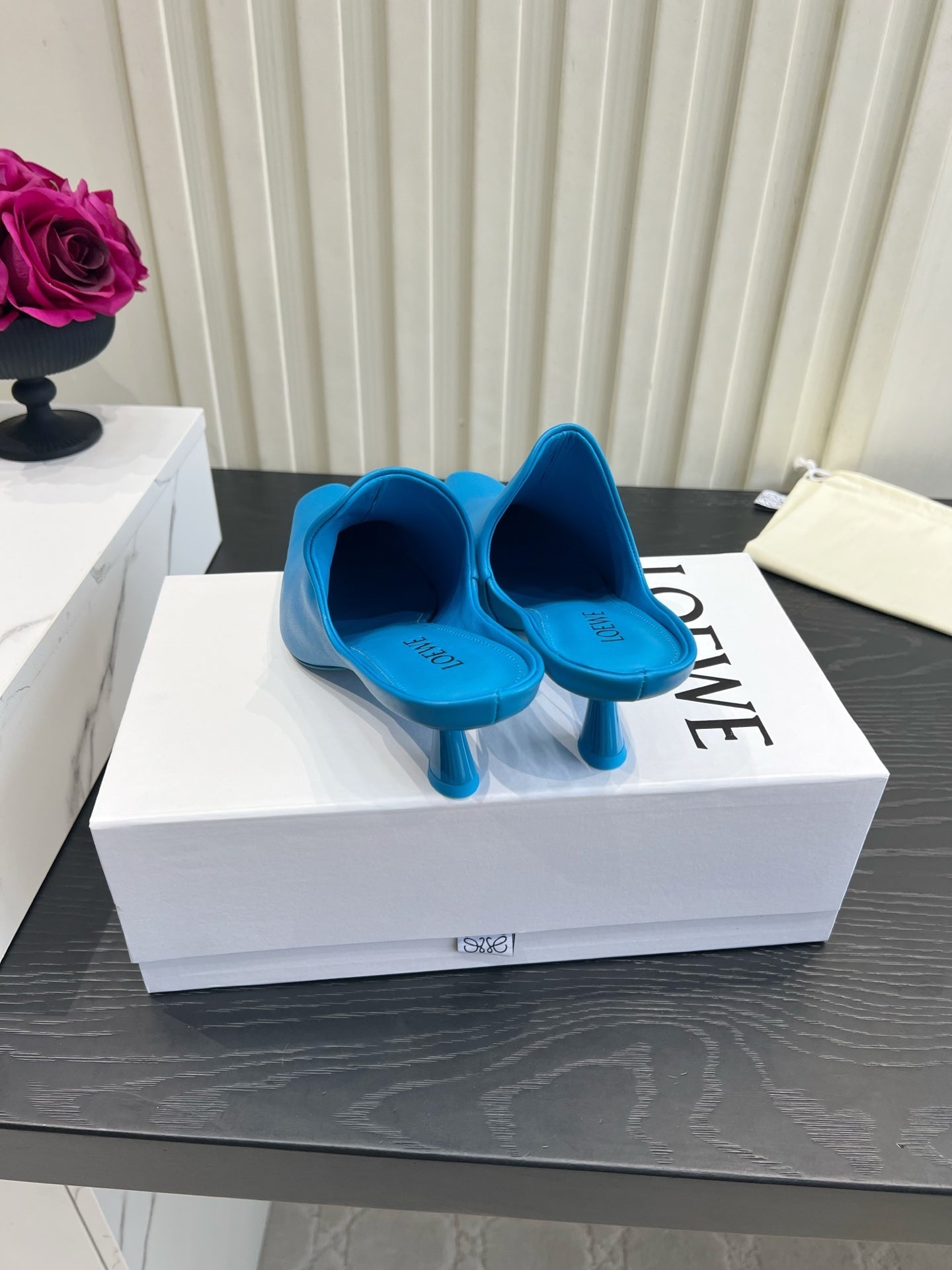 LOEWE 26S HEELED MULES IN BLUE CALFSKIN