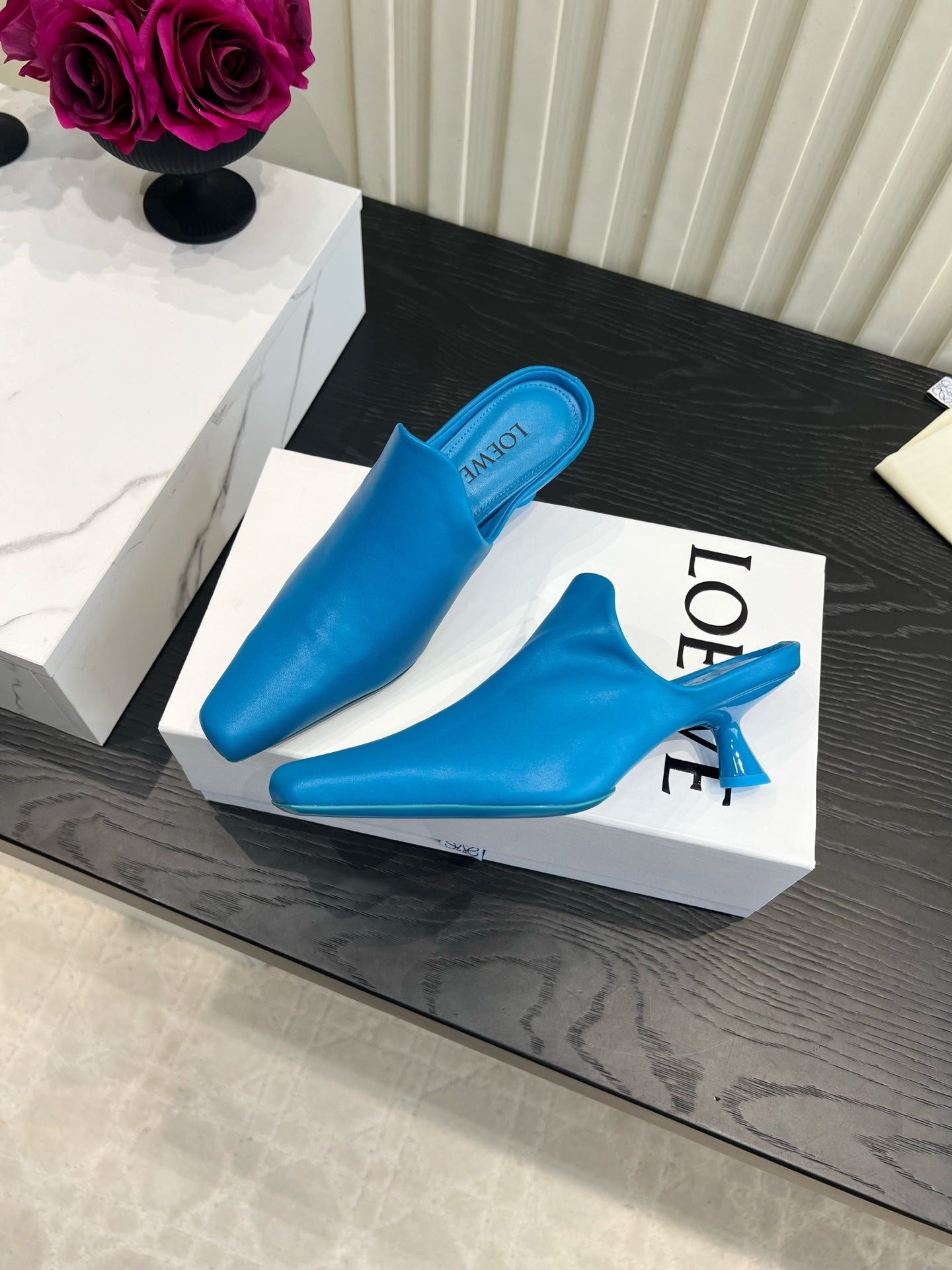 LOEWE 26S HEELED MULES IN BLUE CALFSKIN