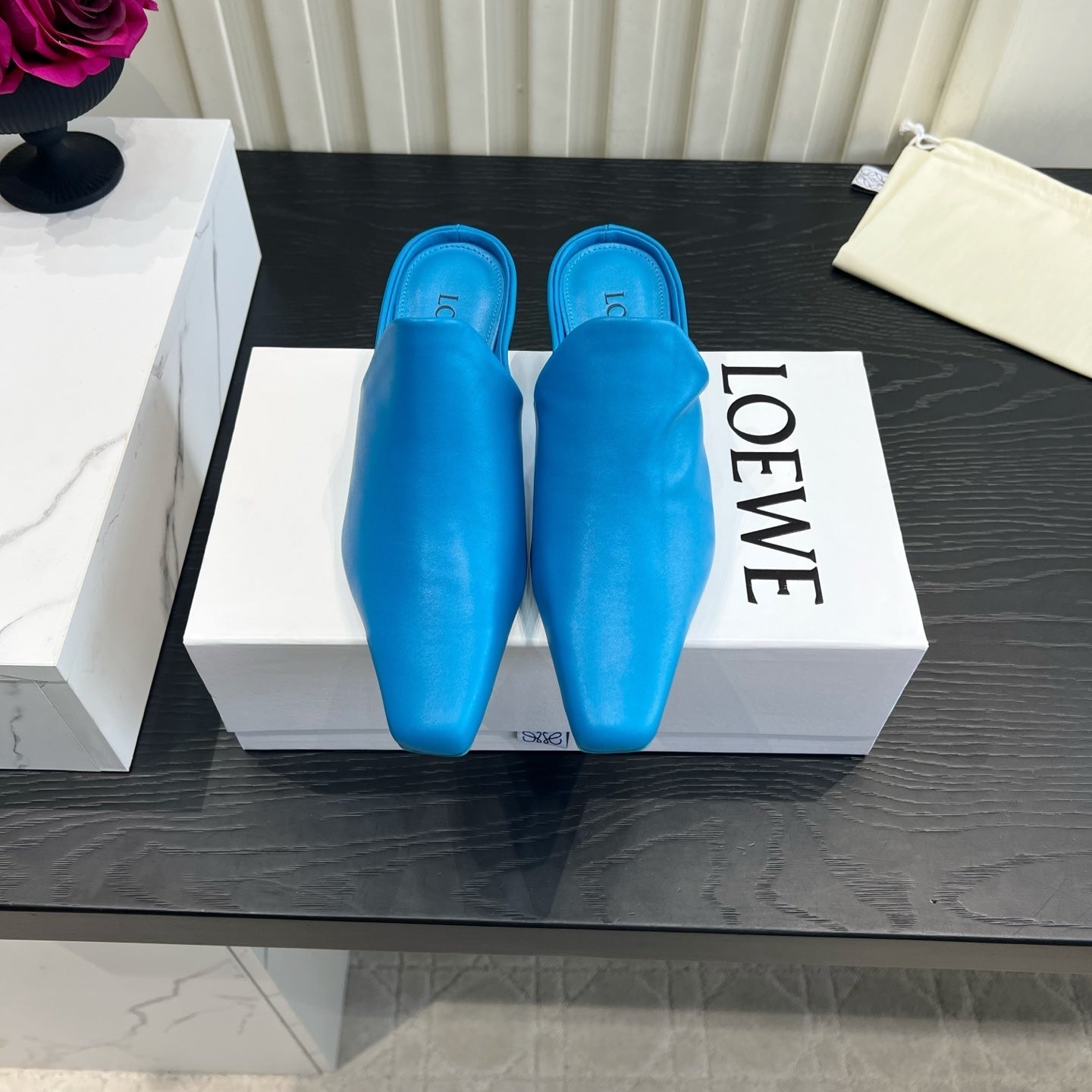 LOEWE 26S HEELED MULES IN BLUE CALFSKIN