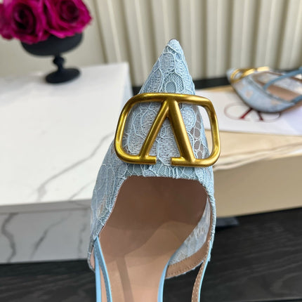 VALENTINO 26S SLINGBACKS 75 MM IN SKY BLUE FABRIC LACE