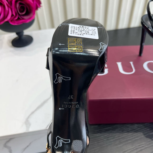 GUCCI 26S HORSEBIT GG SANDALS 105 MM IN BLACK PATENT CALFSKIN