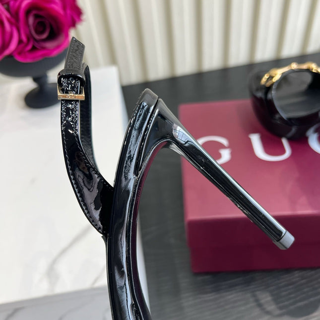 GUCCI 26S HORSEBIT GG SANDALS 105 MM IN BLACK PATENT CALFSKIN