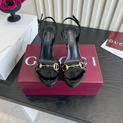 GUCCI 26S HORSEBIT GG SANDALS 105 MM IN BLACK PATENT CALFSKIN