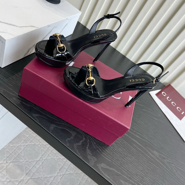 GUCCI 26S HORSEBIT GG SANDALS 105 MM IN BLACK PATENT CALFSKIN