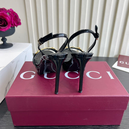 GUCCI 26S HORSEBIT GG SANDALS 105 MM IN BLACK PATENT CALFSKIN