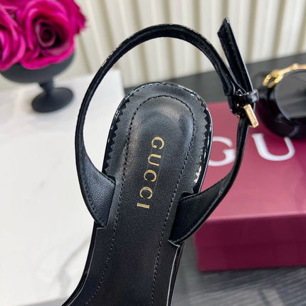 GUCCI 26S HORSEBIT GG SANDALS 105 MM IN BLACK PATENT CALFSKIN