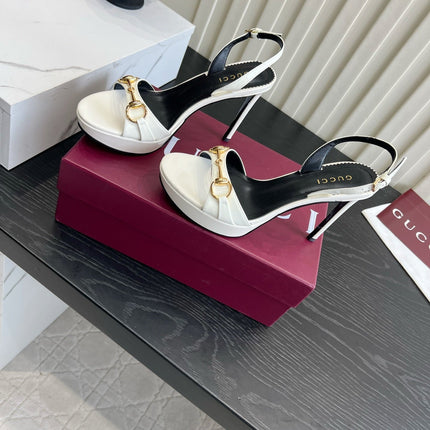 GUCCI 26S HORSEBIT GG SANDALS 105 MM IN CREAM WHITE PATENT CALFSKIN