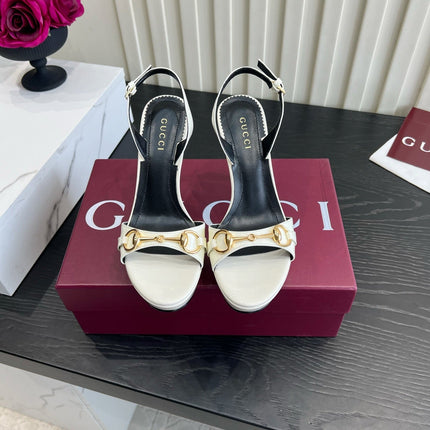 GUCCI 26S HORSEBIT GG SANDALS 105 MM IN CREAM WHITE PATENT CALFSKIN