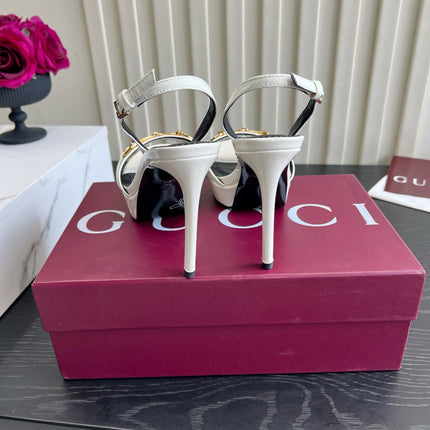 GUCCI 26S HORSEBIT GG SANDALS 105 MM IN CREAM WHITE PATENT CALFSKIN