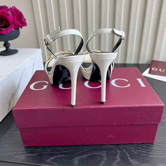 GUCCI 26S HORSEBIT GG SANDALS 105 MM IN CREAM WHITE PATENT CALFSKIN