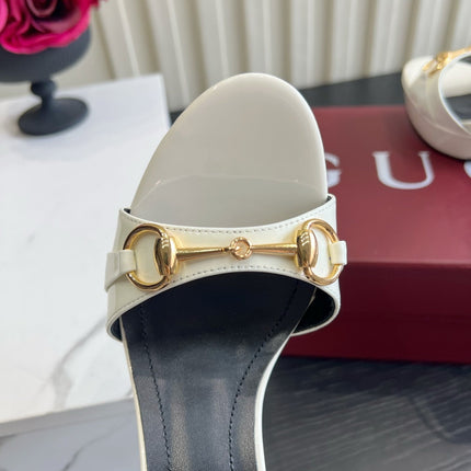 GUCCI 26S HORSEBIT GG SANDALS 105 MM IN CREAM WHITE PATENT CALFSKIN