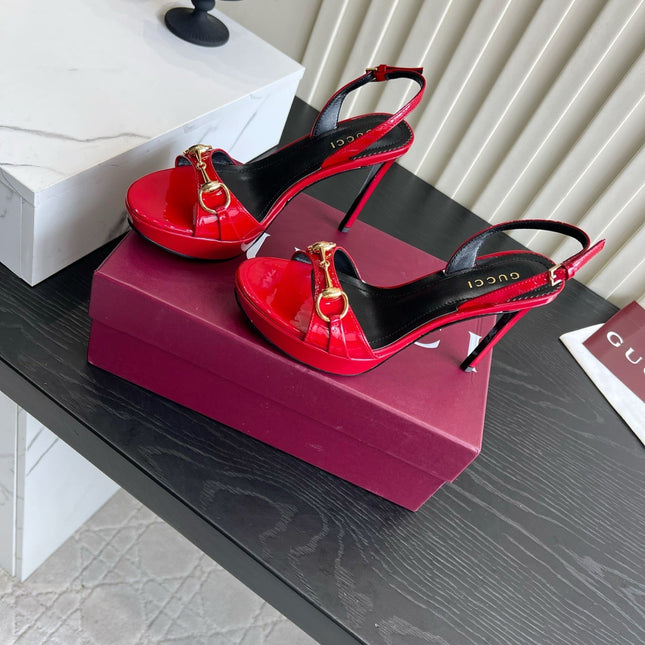 GUCCI 26S HORSEBIT GG SANDALS 105 MM IN RED PATENT CALFSKIN