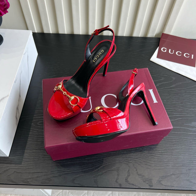 GUCCI 26S HORSEBIT GG SANDALS 105 MM IN RED PATENT CALFSKIN