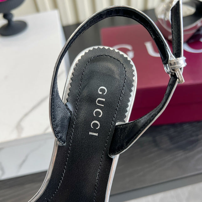 GUCCI 26S HORSEBIT GG SANDALS 105 MM IN SILVER PATENT CALFSKIN