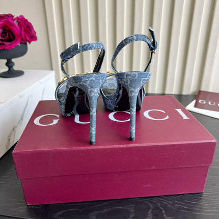 GUCCI 26S HORSEBIT GG SANDALS 105 MM IN BLUE DENIM