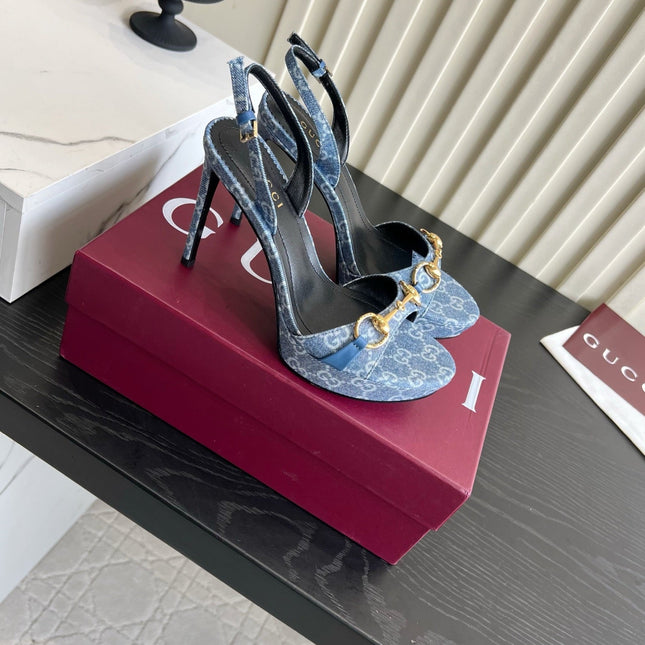 GUCCI 26S HORSEBIT GG SANDALS 105 MM IN BLUE DENIM