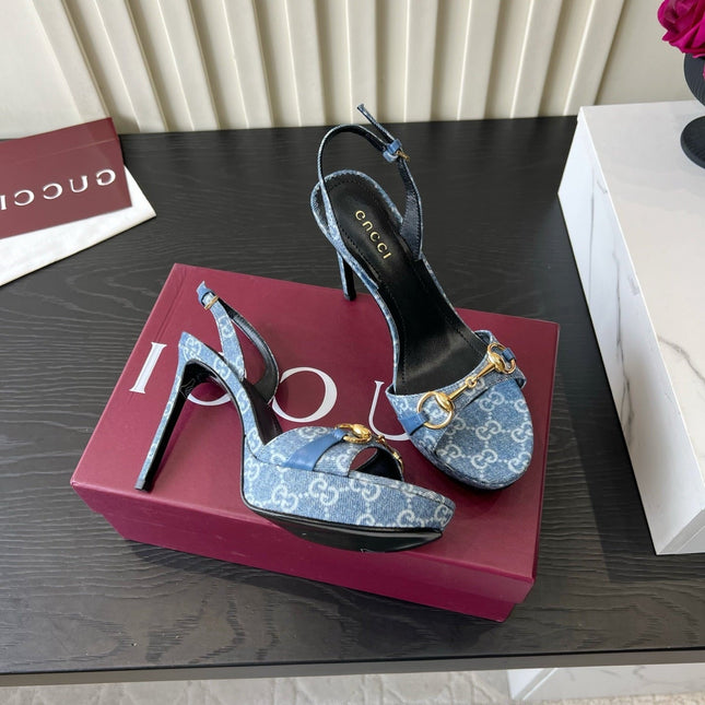 GUCCI 26S HORSEBIT GG SANDALS 105 MM IN BLUE DENIM