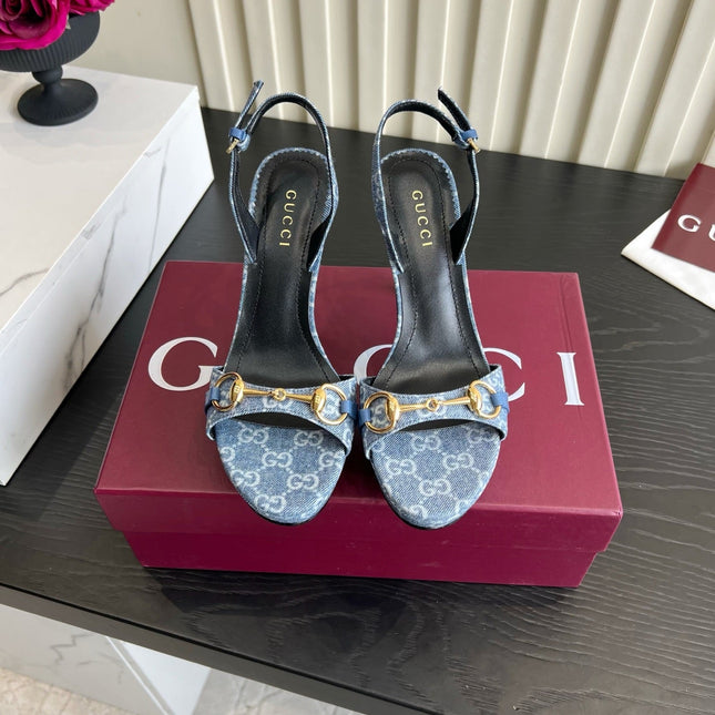 GUCCI 26S HORSEBIT GG SANDALS 105 MM IN BLUE DENIM