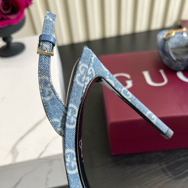 GUCCI 26S HORSEBIT GG SANDALS 105 MM IN BLUE DENIM