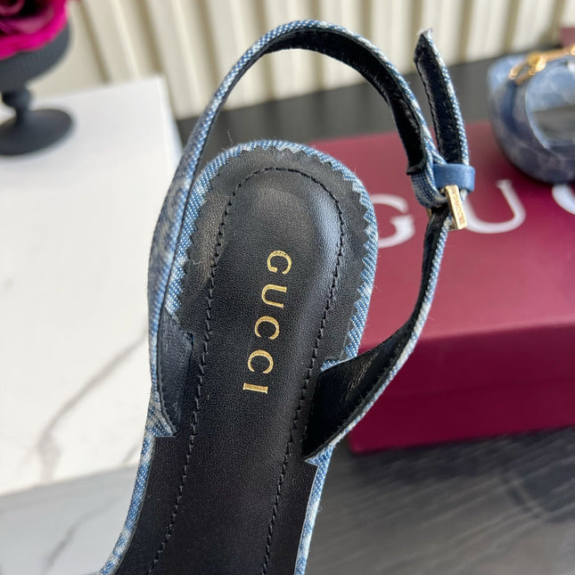 GUCCI 26S HORSEBIT GG SANDALS 105 MM IN BLUE DENIM