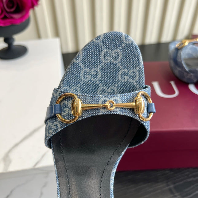 GUCCI 26S HORSEBIT GG SANDALS 105 MM IN BLUE DENIM