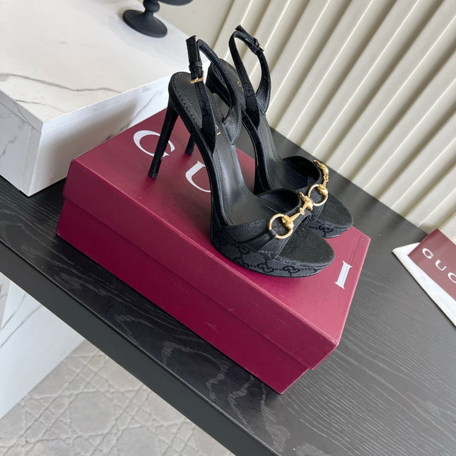 GUCCI 26S HORSEBIT GG SANDALS 105 MM IN BLACK CANVAS