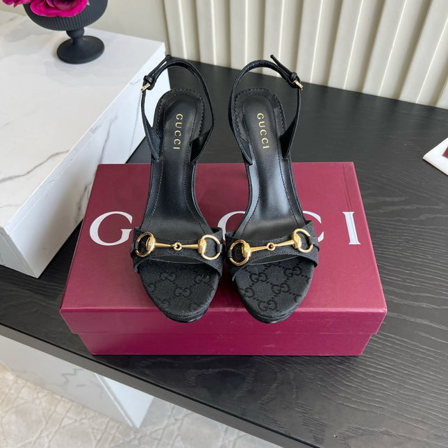 GUCCI 26S HORSEBIT GG SANDALS 105 MM IN BLACK CANVAS