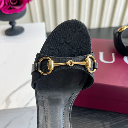 GUCCI 26S HORSEBIT GG SANDALS 105 MM IN BLACK CANVAS