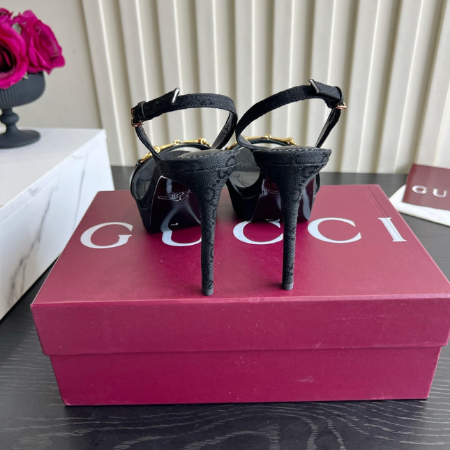 GUCCI 26S HORSEBIT GG SANDALS 105 MM IN BLACK CANVAS