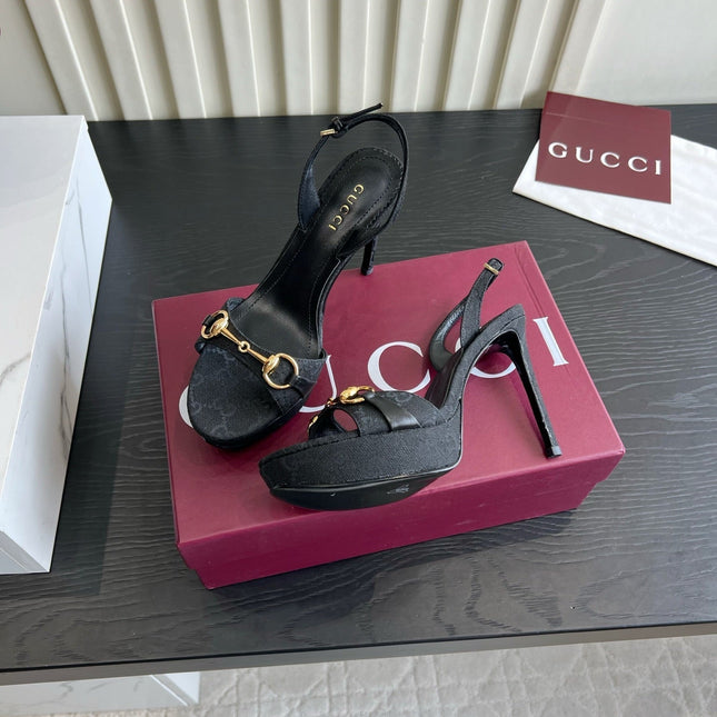 GUCCI 26S HORSEBIT GG SANDALS 105 MM IN BLACK CANVAS