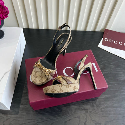 GUCCI 26S HORSEBIT GG SANDALS 105 MM IN BEIGE CANVAS