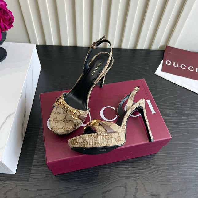 GUCCI 26S HORSEBIT GG SANDALS 105 MM IN BEIGE CANVAS