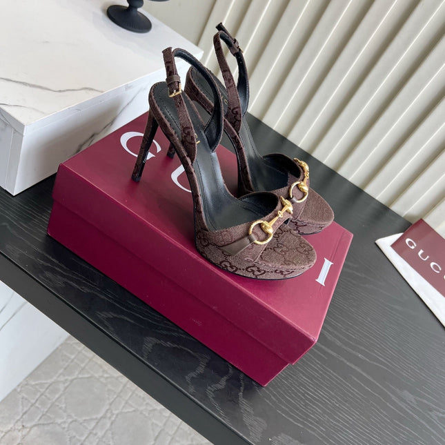 GUCCI 26S HORSEBIT GG SANDALS 105 MM IN DARK BROWN CANVAS