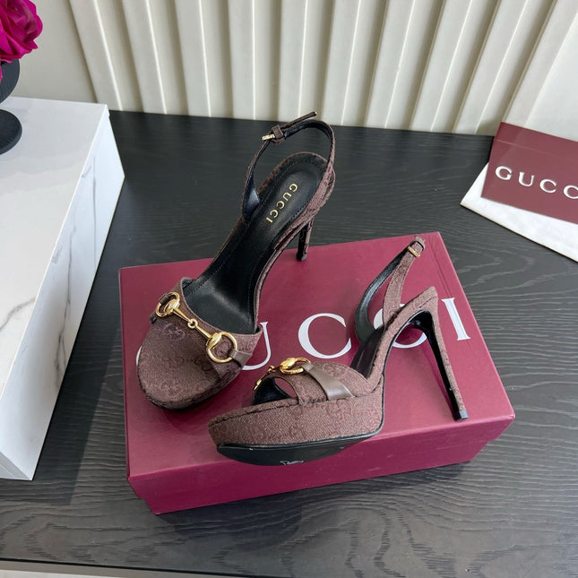 GUCCI 26S HORSEBIT GG SANDALS 105 MM IN DARK BROWN CANVAS