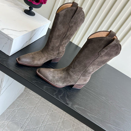 CELINE 26S COWBOY BOOTS IN DARK BROWN SUEDE POINTED TOE