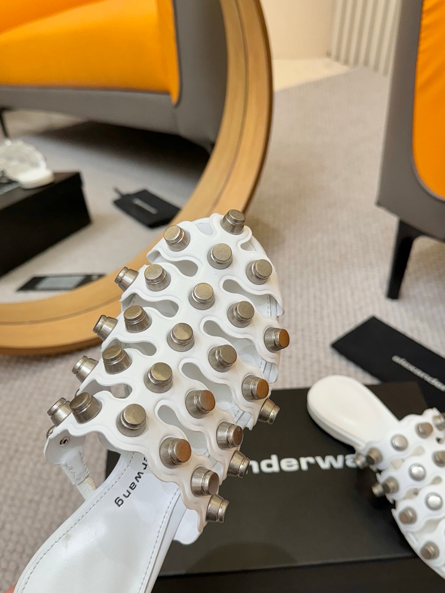 RHODES STUDDED REXA CAGE SLIDE IN WHITE LAMBSKIN