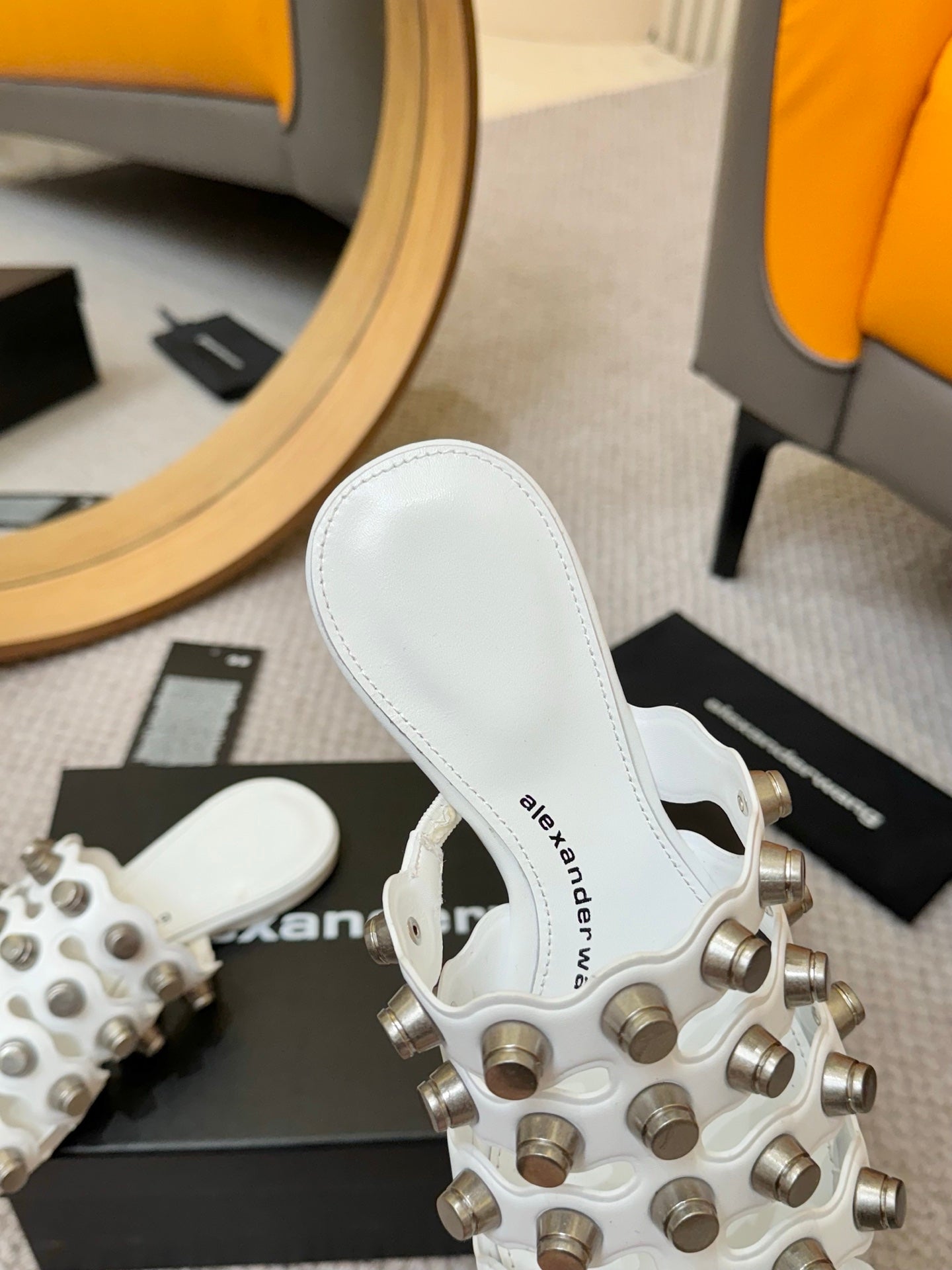 RHODES STUDDED REXA CAGE SLIDE IN WHITE LAMBSKIN
