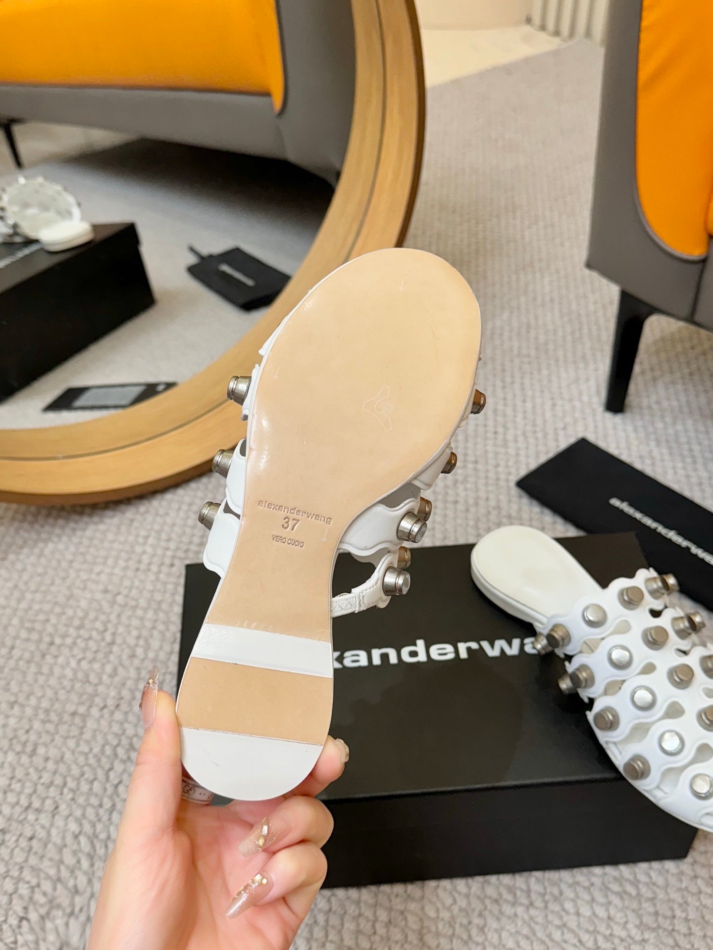 RHODES STUDDED REXA CAGE SLIDE IN WHITE LAMBSKIN