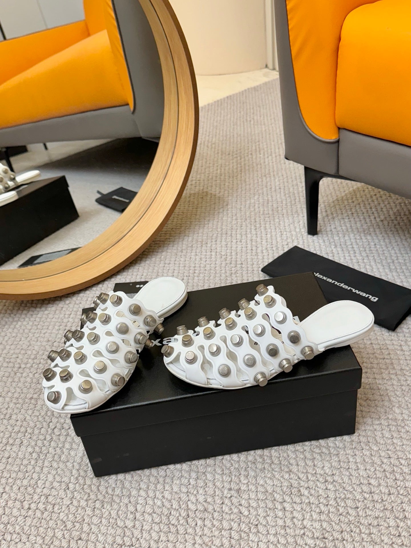 RHODES STUDDED REXA CAGE SLIDE IN WHITE LAMBSKIN