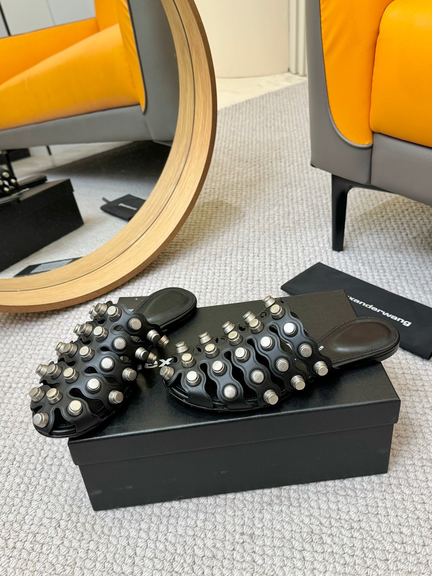 RHODES STUDDED REXA CAGE SLIDE IN BLACK LAMBSKIN