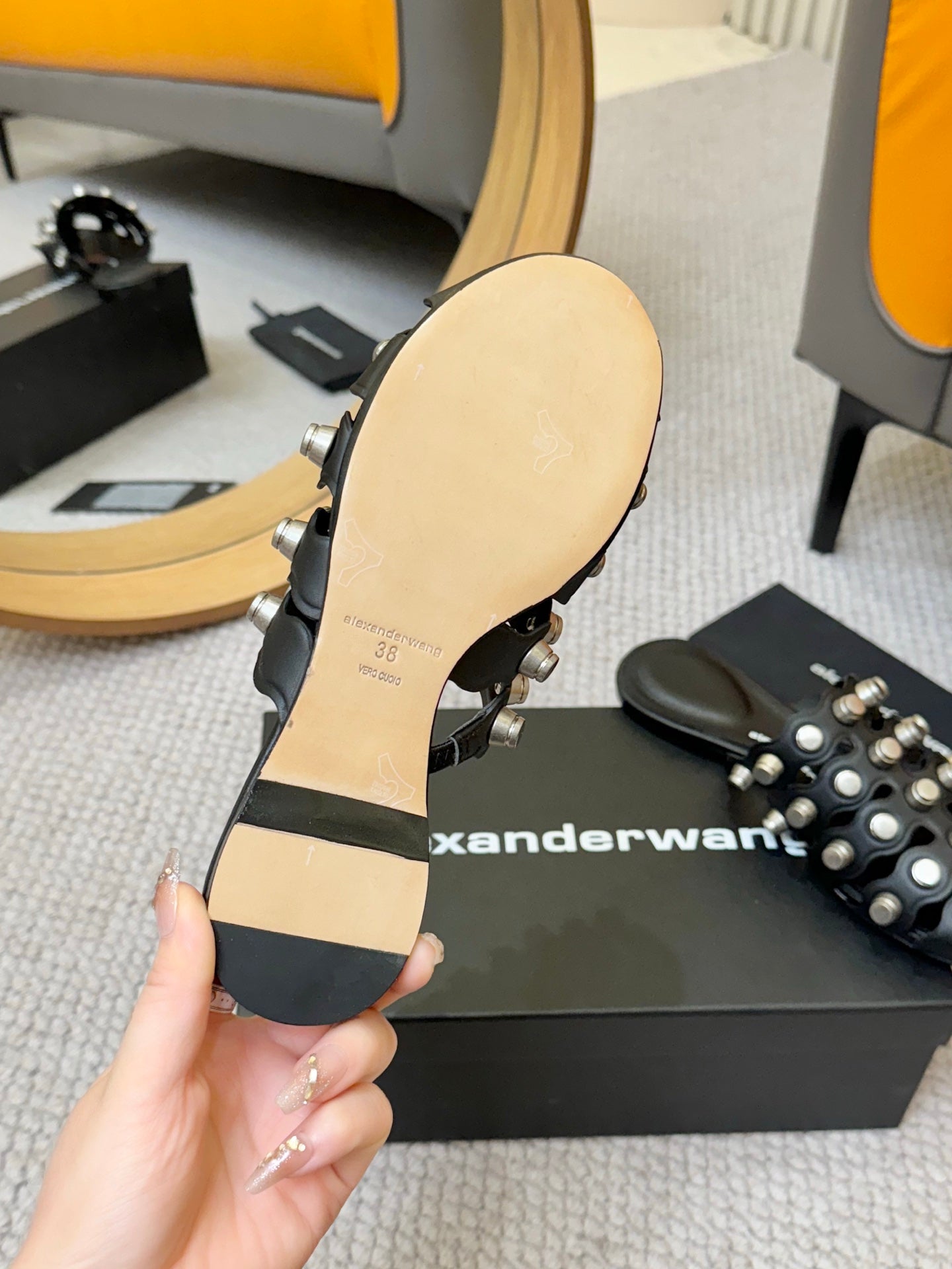 RHODES STUDDED REXA CAGE SLIDE IN BLACK LAMBSKIN