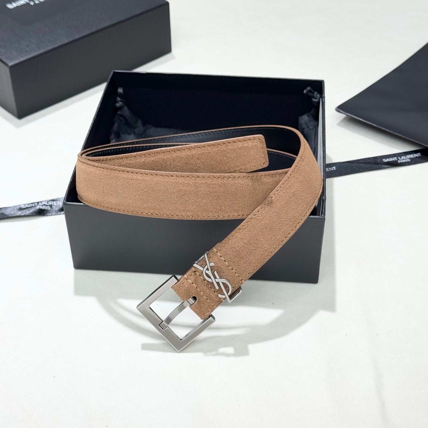 YSL 25S BELT 30 MM IN CARAMEL BROWN SUEDE 586762