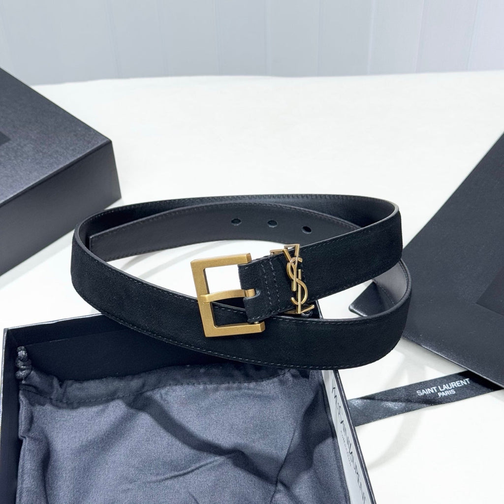 YSL 25S BELT 30 MM IN BLACK SUEDE WITH GOLD HARDWARE 586763