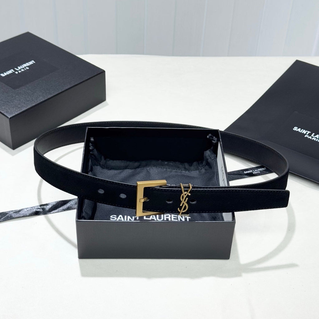 YSL 25S BELT 30 MM IN BLACK SUEDE WITH GOLD HARDWARE 586763