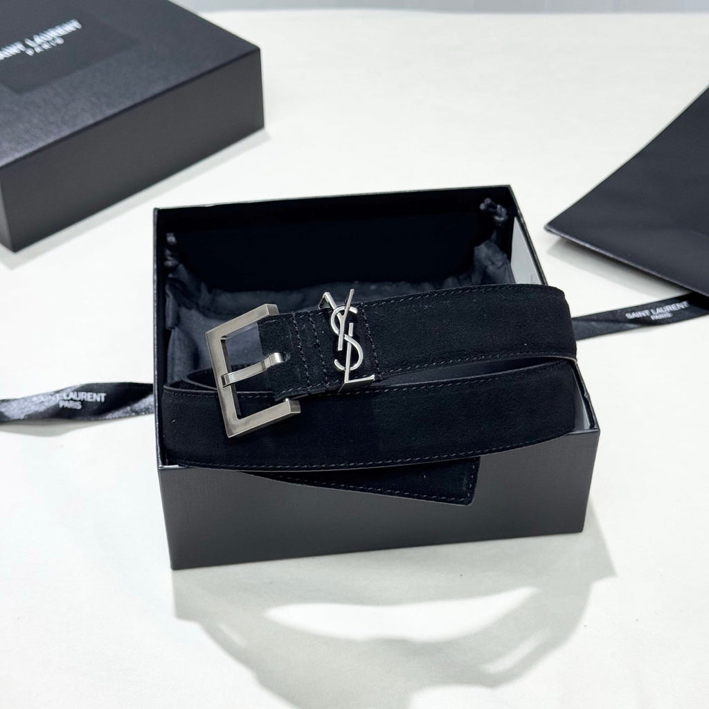 YSL 25S BELT 30 MM IN BLACK SUEDE WITH SILVER HARDWARE 586764
