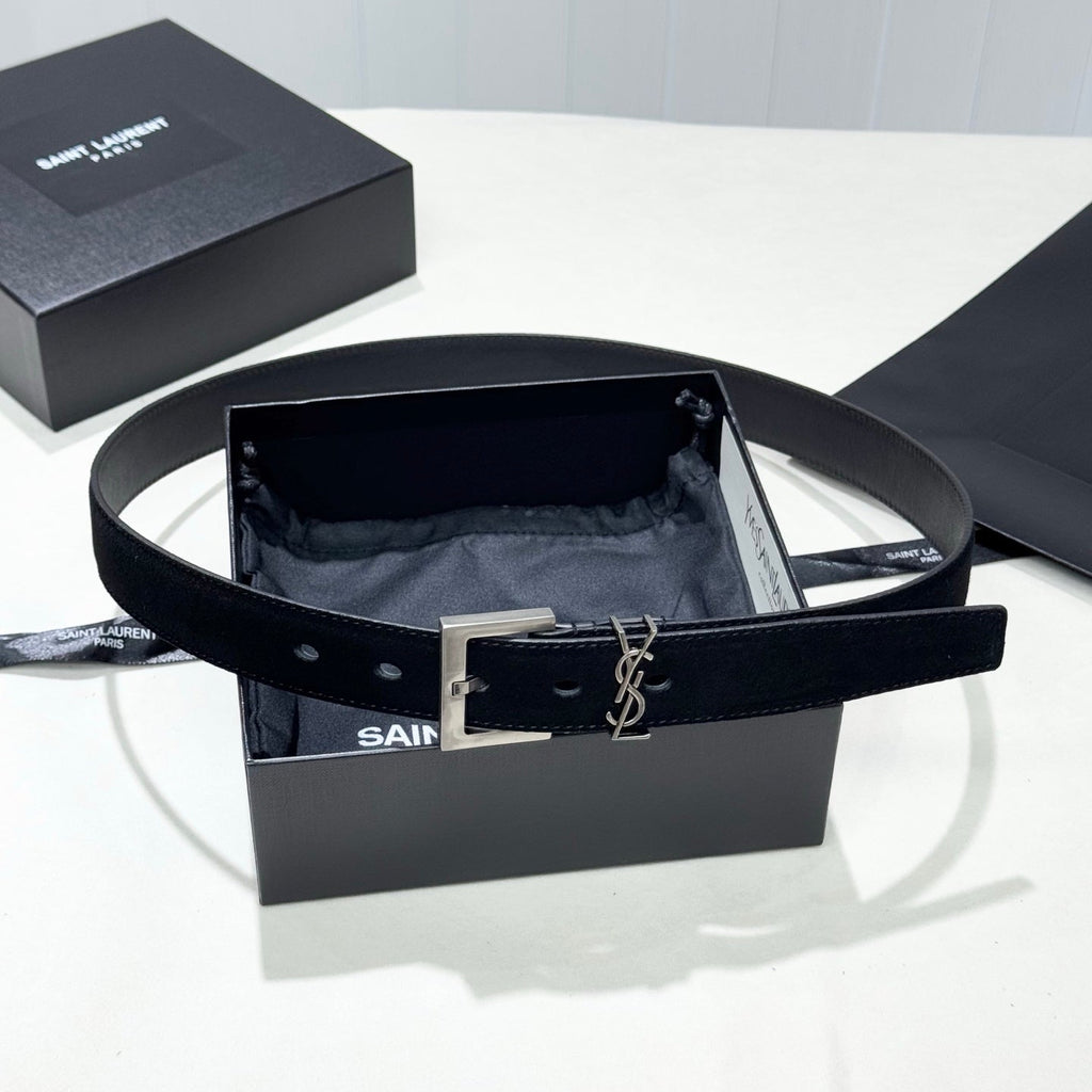 YSL 25S BELT 30 MM IN BLACK SUEDE WITH SILVER HARDWARE 586764